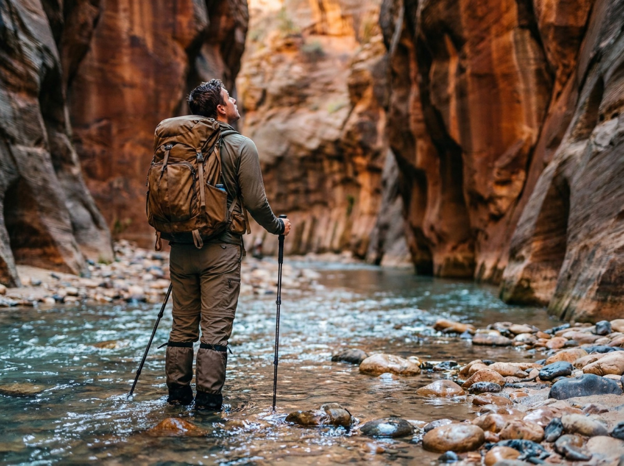 Hikers wading the Virgin River between the towering walls of the Narrows
