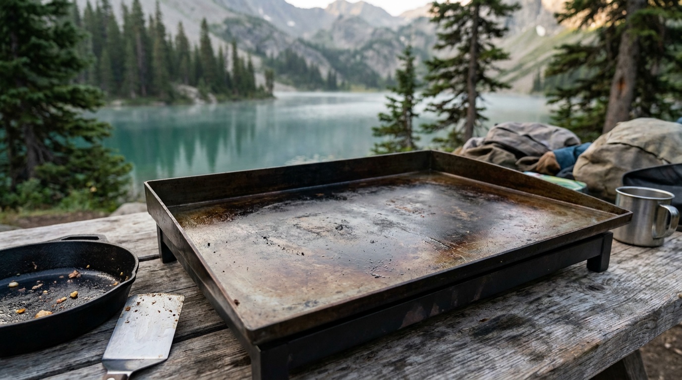Close-up of a well-seasoned black cold-rolled steel cooking surface on a Blackstone 22-inch tabletop griddle