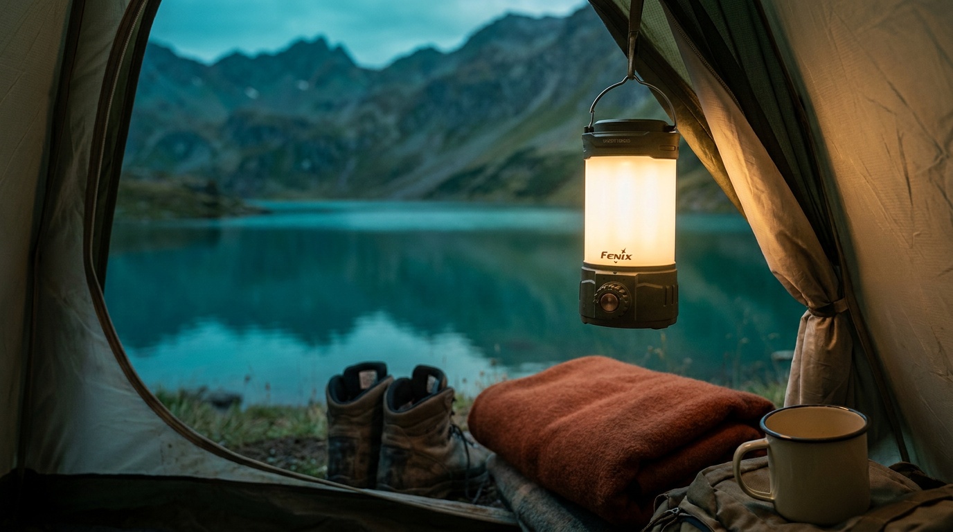 Fenix CL26R Pro lantern hanging from a tent line at a forest camp, casting warm light on a sleeping bag and camp stove below