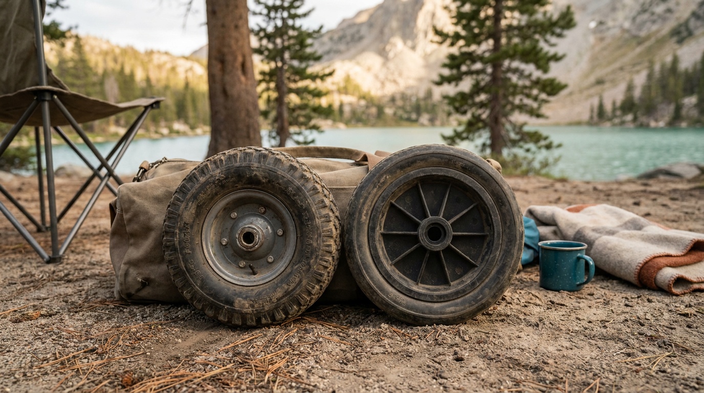 Side-by-side comparison of a 10-inch all-terrain foam-filled wagon wheel next to an 8-inch standard plastic wheel, both photographed on a sandy campsite surface