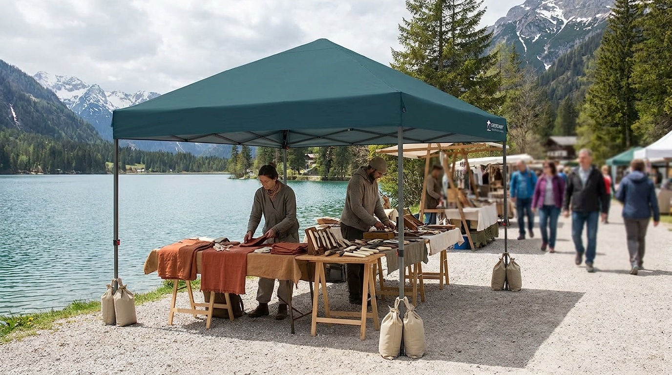 A MASTERCANOPY 10x10 pop-up canopy set up at an outdoor market with sandbag weights on each leg and vendors underneath