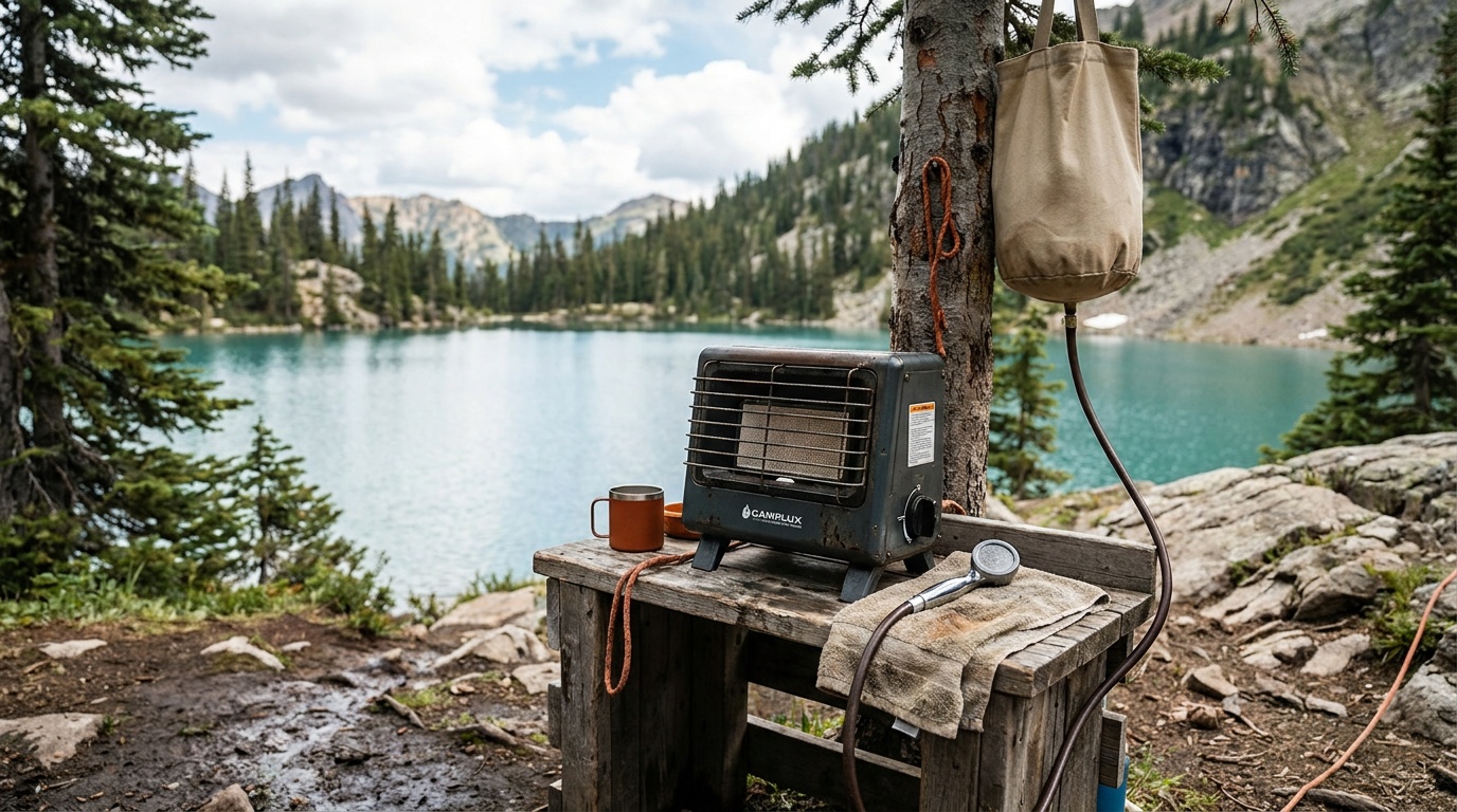 Camplux AY132 propane tankless heater mounted on a camp stand with a gravity water bag and hose running to a showerhead