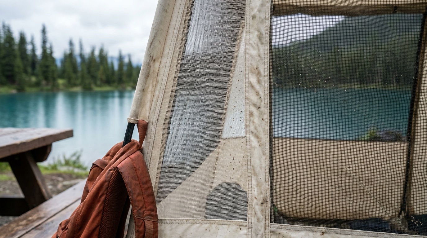 Close-up of a screen house mesh wall at a lakeside campsite showing fine no-see-um mesh on the left panel versus standard mesh on the right, with blurred water and trees in the background