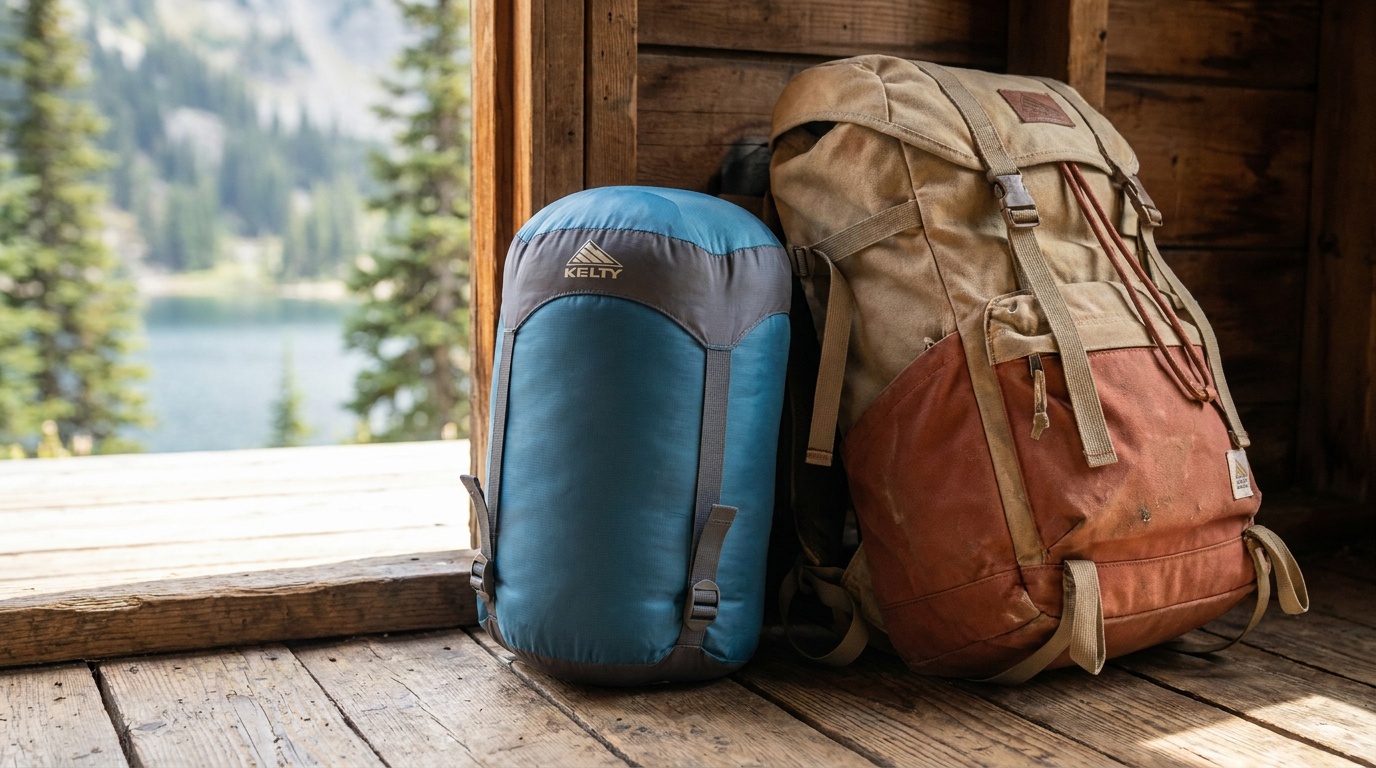 Kelty Cosmic Down 20 sleeping bag stuffed into its compression sack next to a trail map and a headlamp