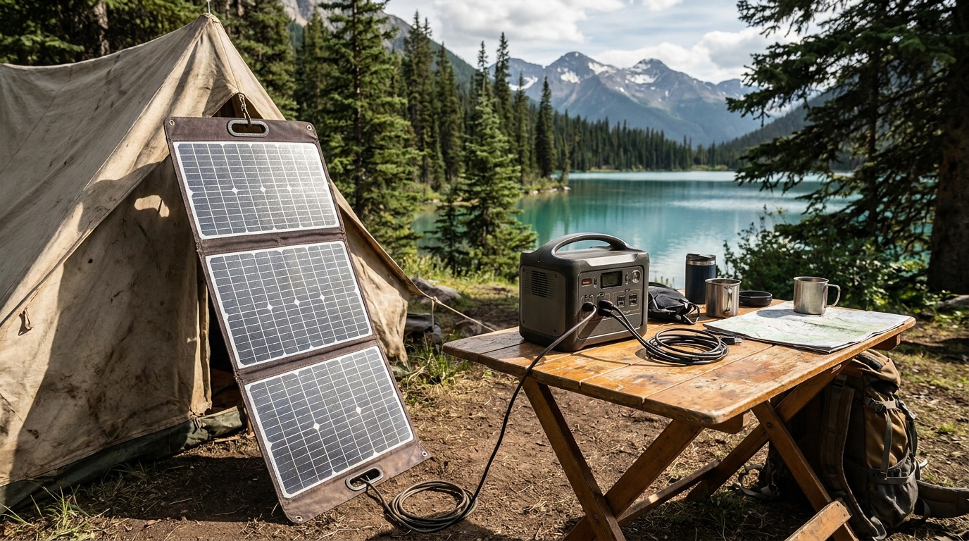 A 200W foldable solar panel angled toward afternoon sun at a shaded base camp, connected to a power station on a folding table