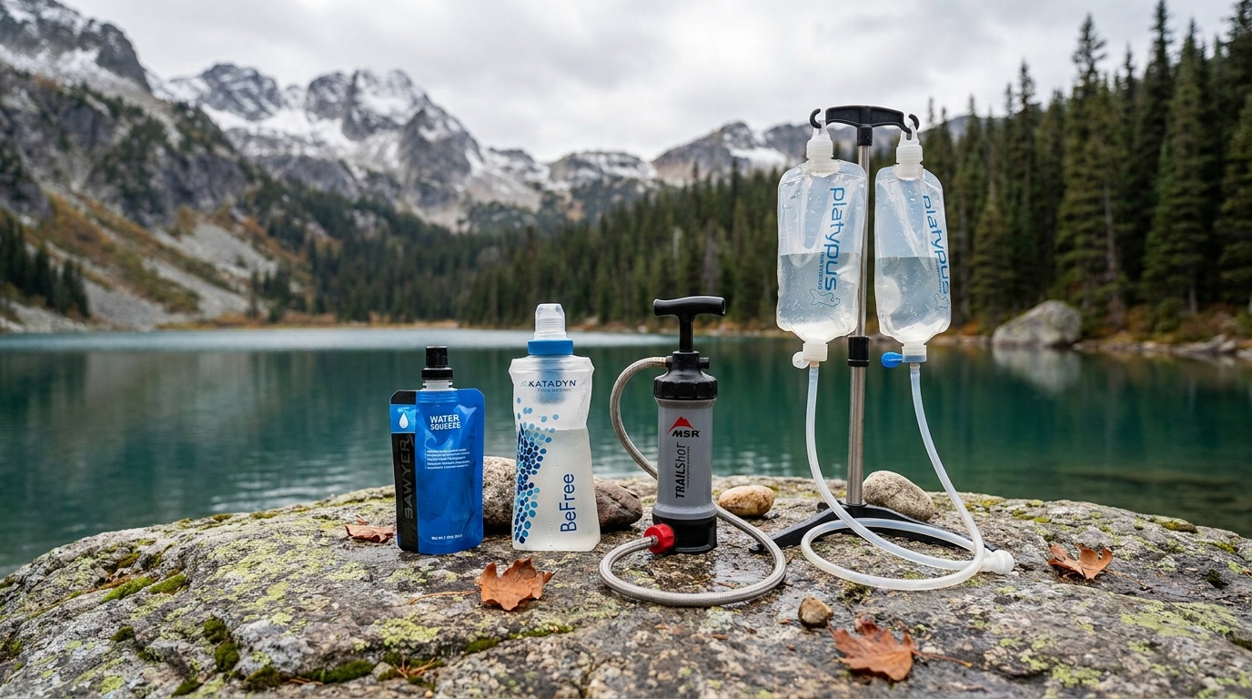 Four backpacking water filters arranged on a flat rock: Sawyer Squeeze, Katadyn BeFree, MSR TrailShot, and Platypus GravityWorks, showing the size difference between each system