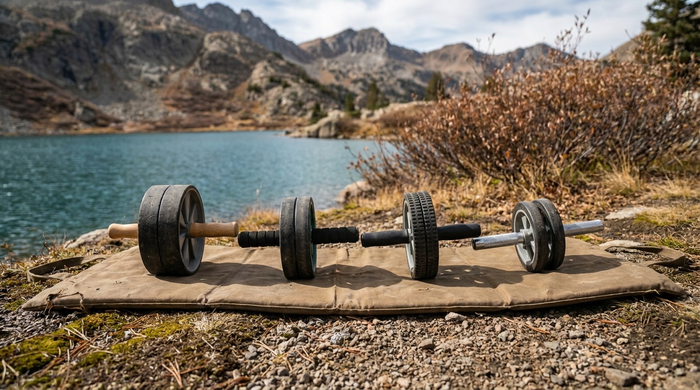 Four ab rollers side by side on a gym mat showing wheel width and handle design differences