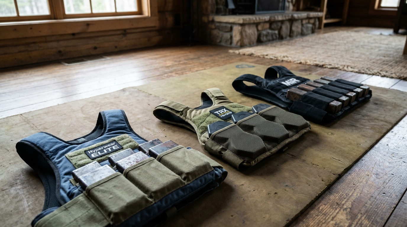 Three adjustable weighted vests laid flat on a gym floor showing the different weight increment sizes: steel shot packs from the Hyperwear ELITE, hex-coated plates from the TRX HexGrip, and iron bars from the MiR Air Flow