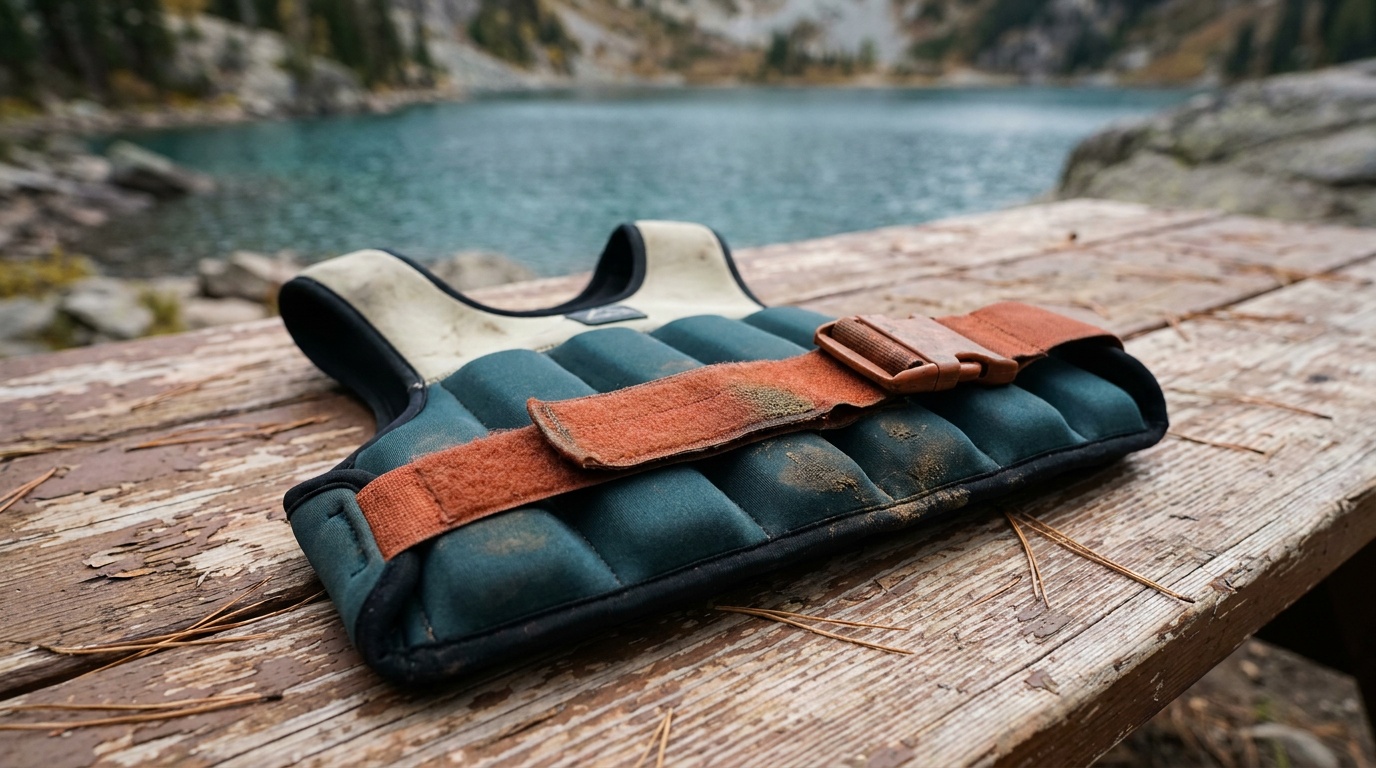 Close-up of a neoprene weighted vest showing the iron sand fill channels and velcro closure, laid flat on a light wood surface