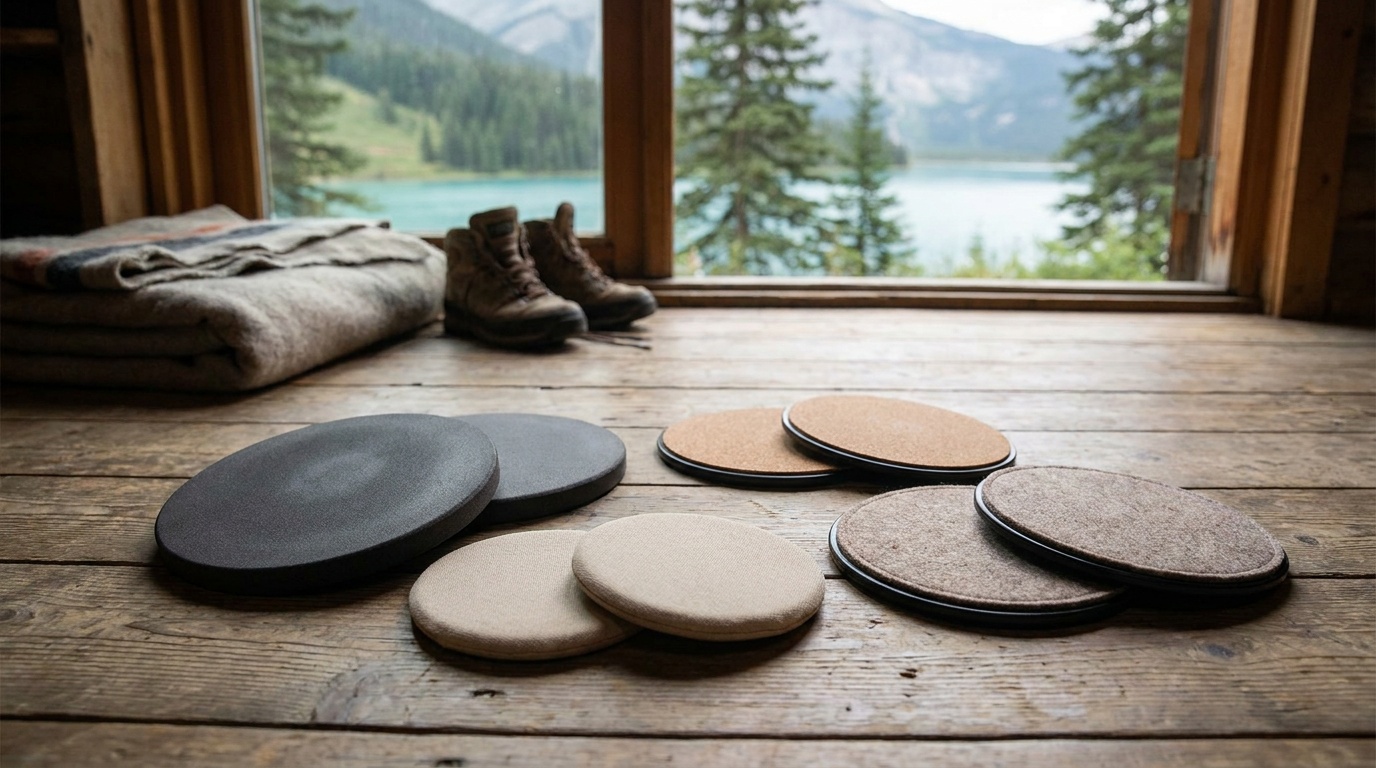 Four pairs of exercise sliding discs arranged on a hardwood floor showing disc diameter, foam side, and fabric side differences