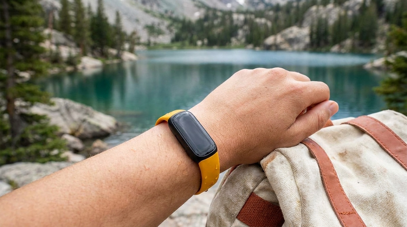 Fitbit Inspire 3 on a wrist next to a glass of water, showing the step count display