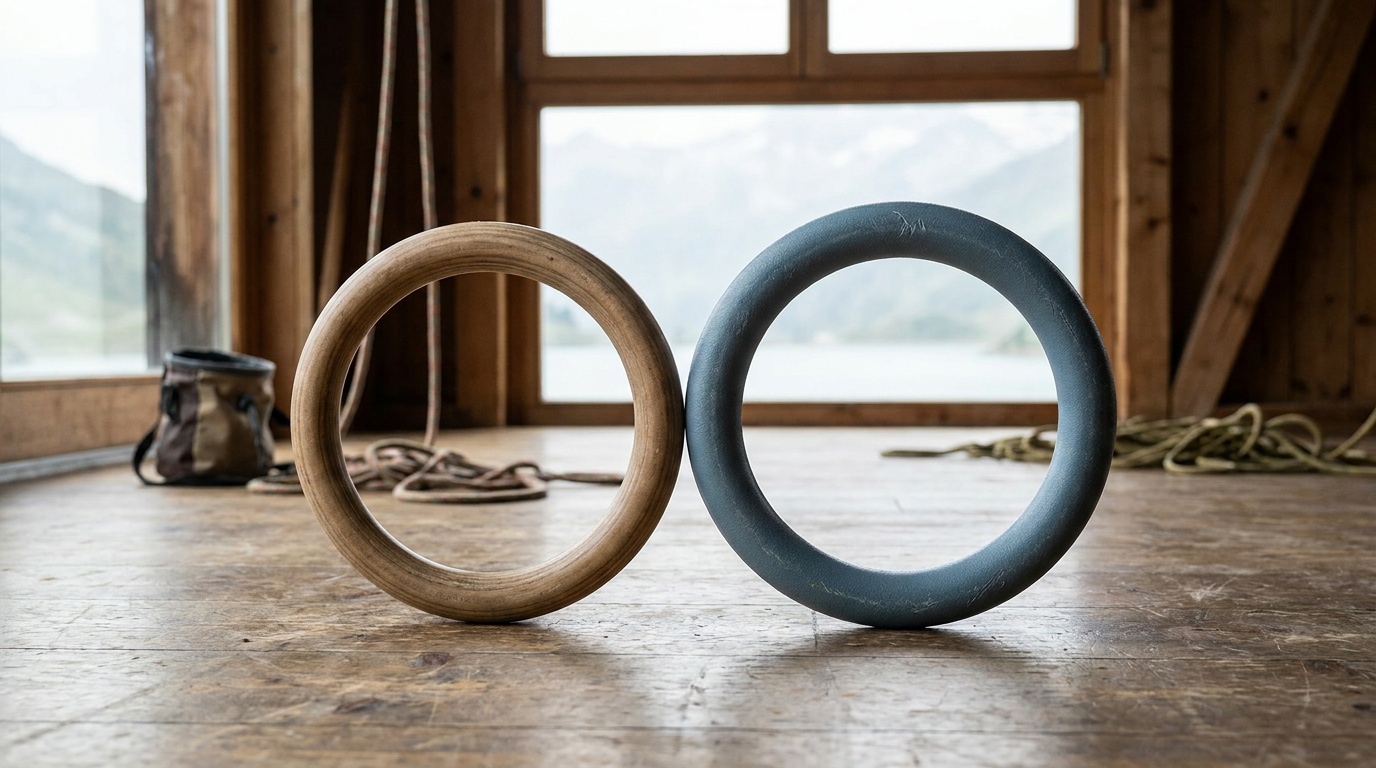 Side-by-side of a 28mm wood ring and a 32mm plastic ring resting on a gym floor, showing the diameter and texture difference