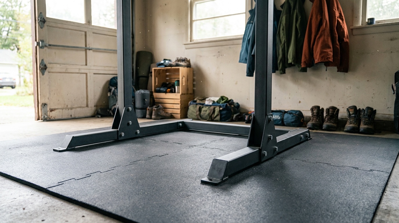 Wide-angle shot of the Fitness Reality X-Class base frame on a rubber-matted garage floor, showing the full footprint and anchor points