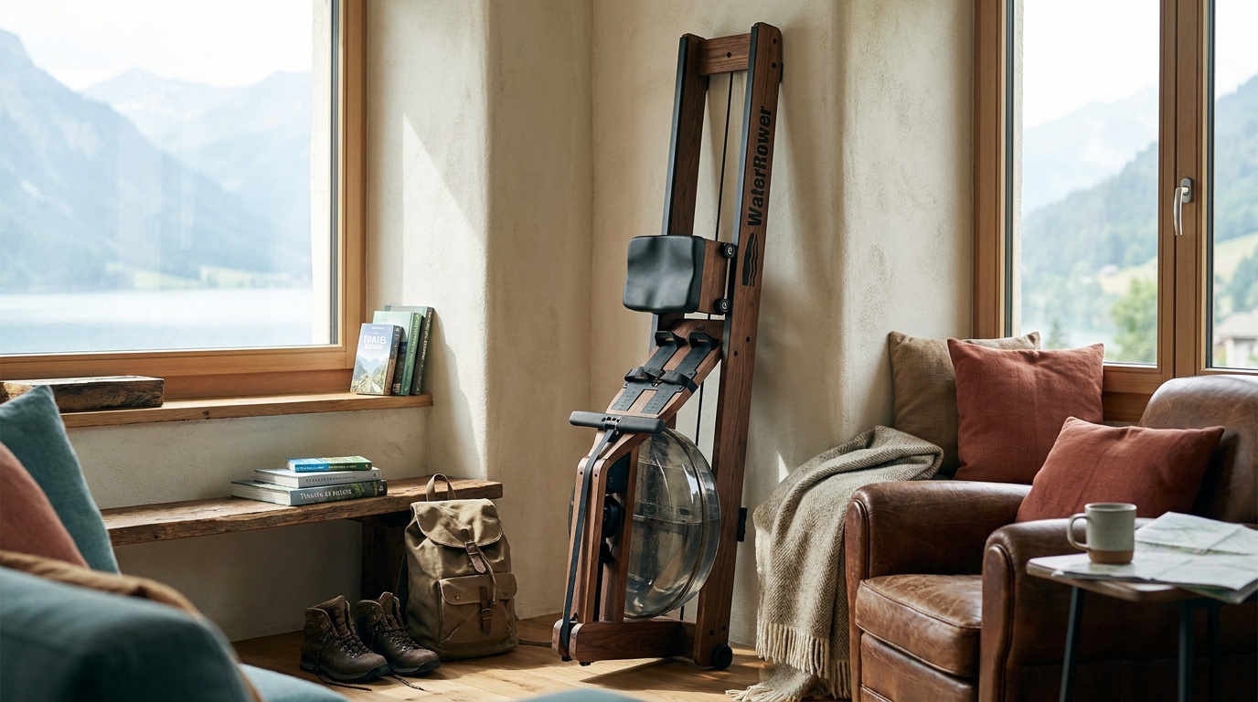 WaterRower Walnut S4 rowing machine positioned in a bright home living room showing upright storage position against wall
