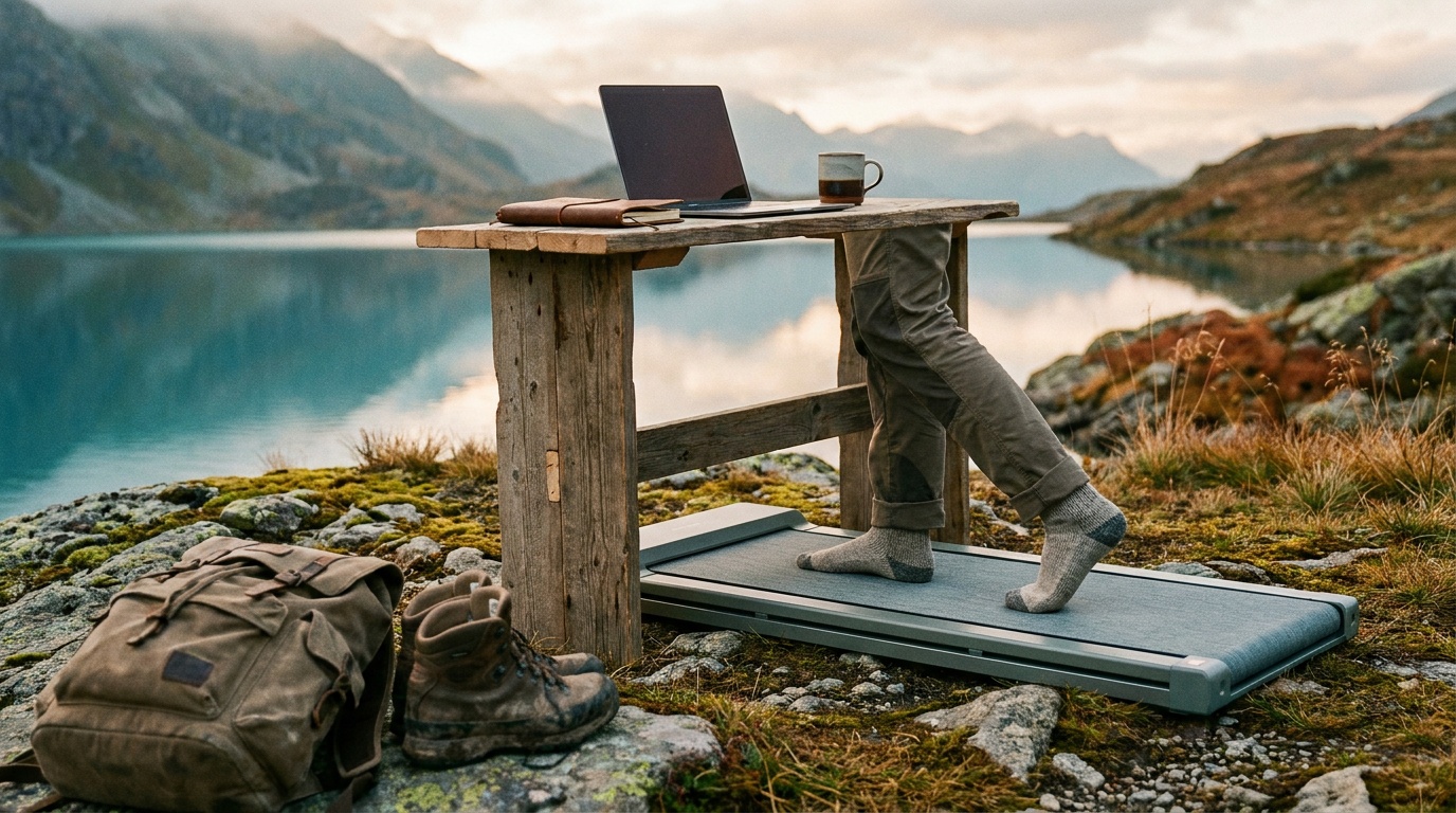 Slim walking pad positioned under a standing desk with a laptop and coffee mug on the desk surface