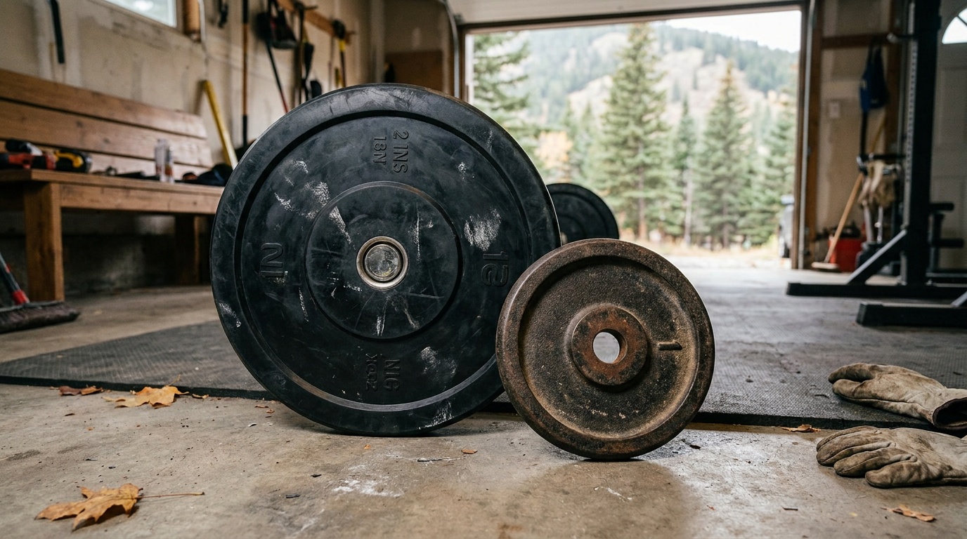 Side-by-side comparison of a 2-inch Olympic hole bumper plate and a 1-inch standard hole cast iron plate on a garage gym floor