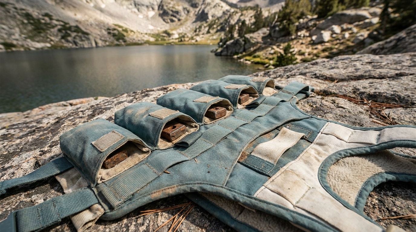 Close view of adjustable weight pouches on a women's weighted vest laid flat, showing the front and back panel pocket system