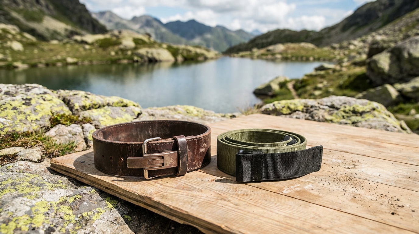 Side-by-side of a stiff 10mm leather lever belt and a flexible nylon self-locking belt on a lifting platform