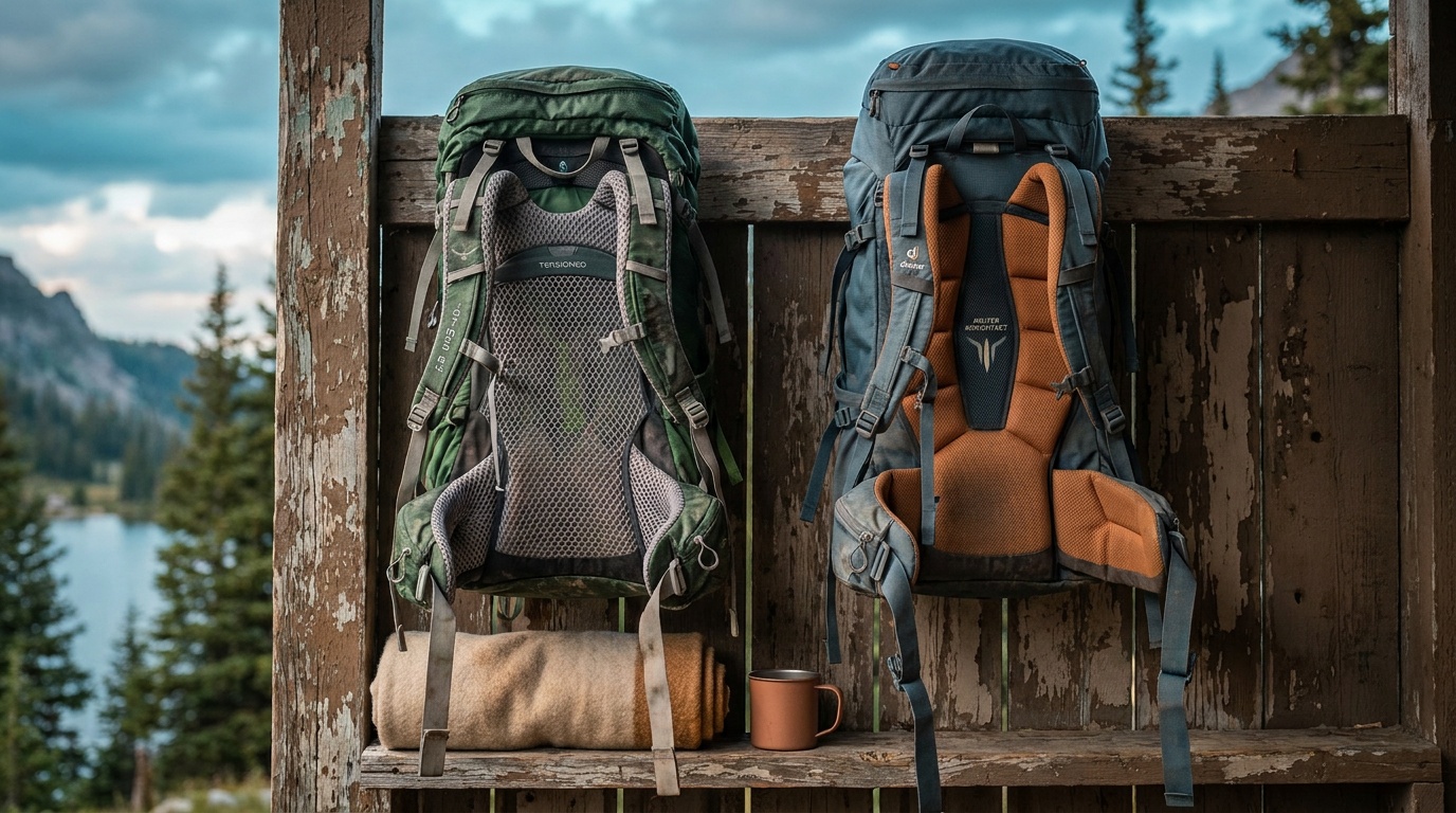 Two backpacking packs side by side showing the tensioned mesh back panel of the Osprey Atmos AG versus the contact frame of the Deuter Aircontact, photographed on a wooden gear wall