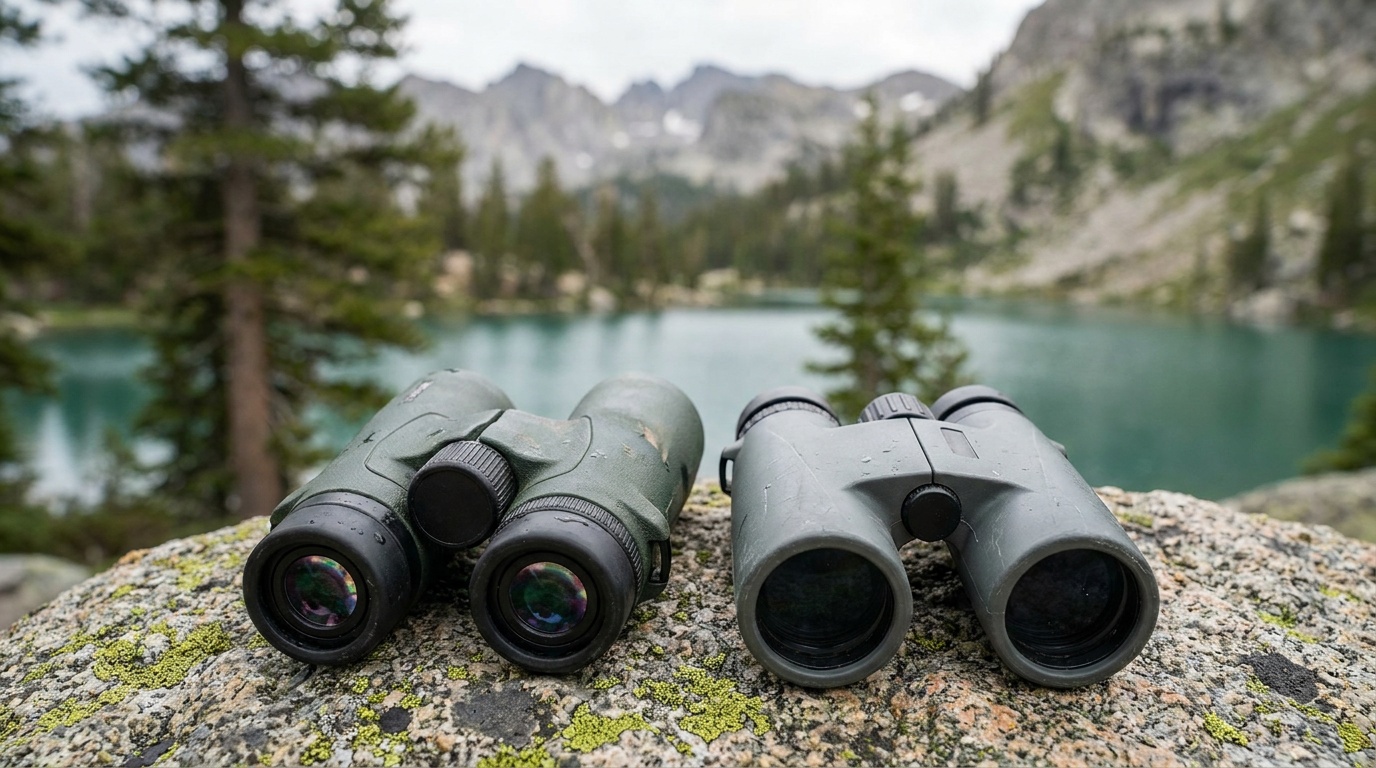 Close-up of two binoculars showing the phase-correction coating on BAK4 prisms, one premium and one budget side by side on a granite boulder