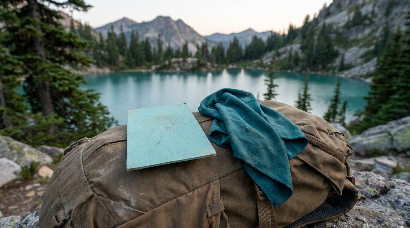 PVA cooling towel (stiff, board-like when dry) next to a soft microfiber cooling towel laid flat on a pack