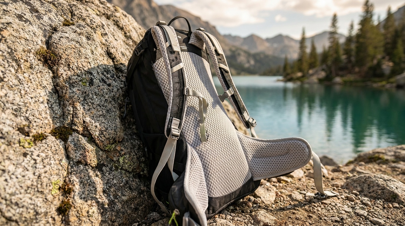 Osprey Stratos 24 back panel showing suspended AirSpeed mesh construction