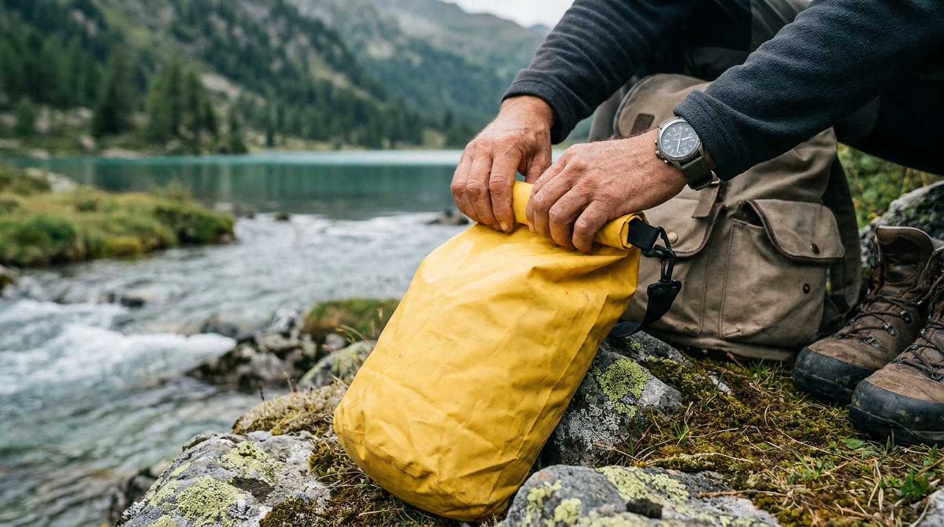 Close-up of hands demonstrating the triple-roll closure technique on a bright yellow dry bag at the edge of a river, water visible in the background