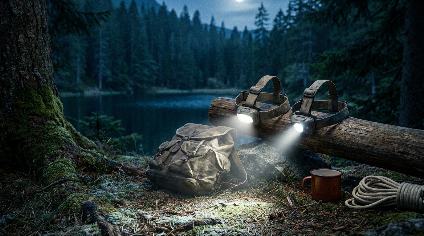 Four headlamps side by side on a wooden camp table showing relative beam widths