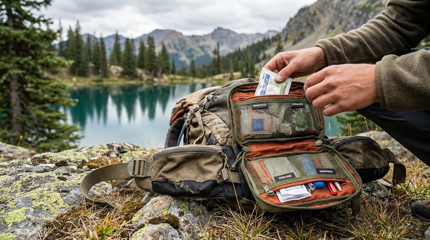 Surviveware first aid kit open and attached to a backpack hip belt, labeled mesh pockets visible