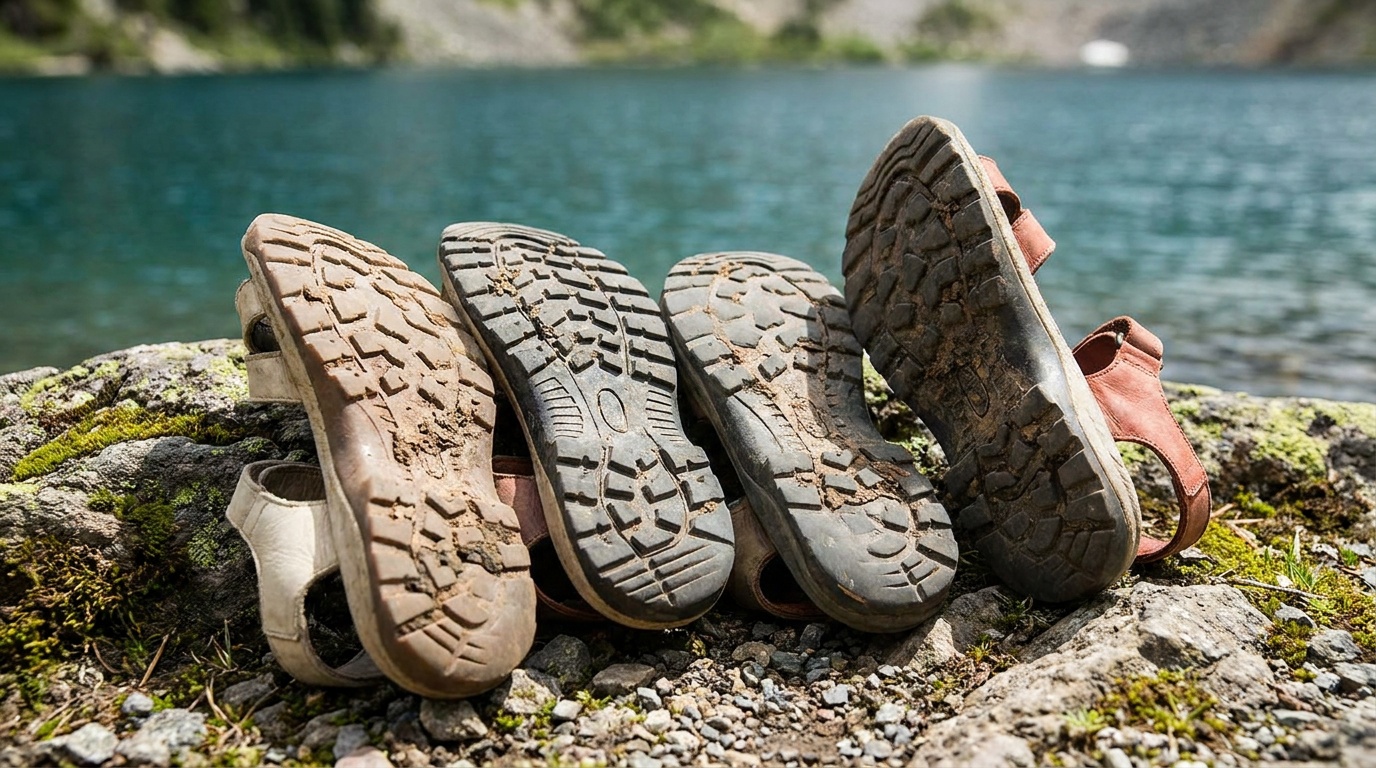 Close-up of four hiking sandal outsoles side by side showing varying lug depth and rubber compound