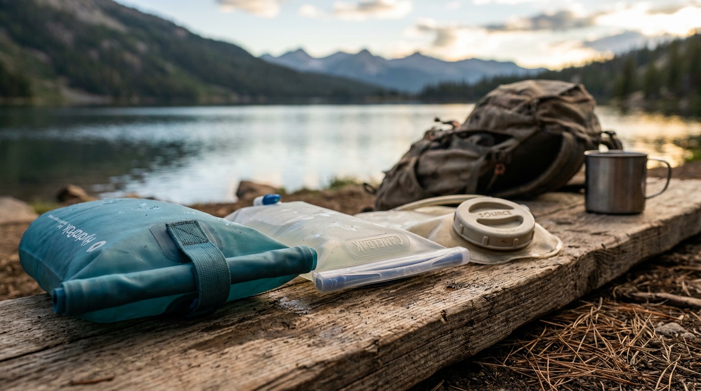 Three hydration bladder closures side by side on a wooden surface: HydraPak roll-top, CamelBak slider seal, and SOURCE wide-mouth cap