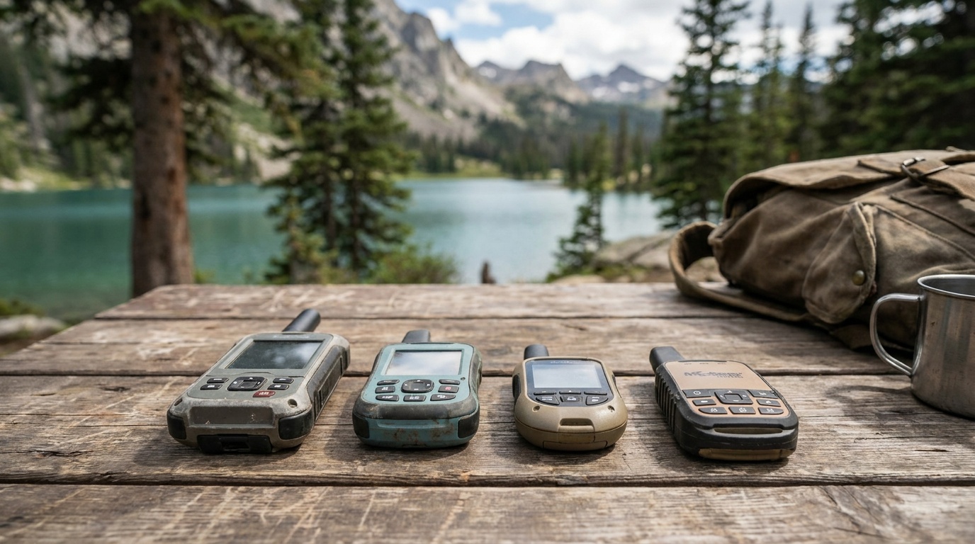 Four satellite messengers laid side by side on a wooden surface showing relative sizes and form factors