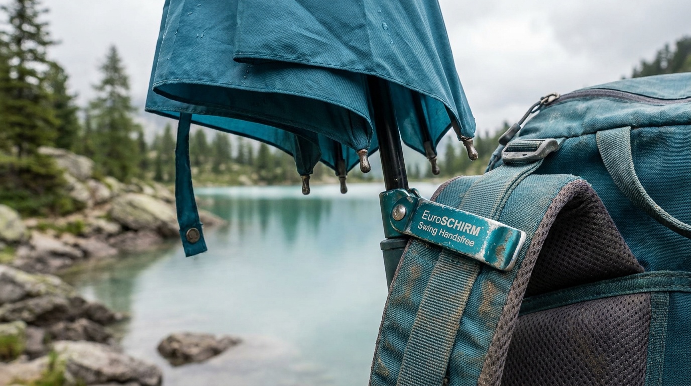Close-up of a trekking umbrella shoulder-strap clamp mounted on a hiking pack, umbrella tilted overhead