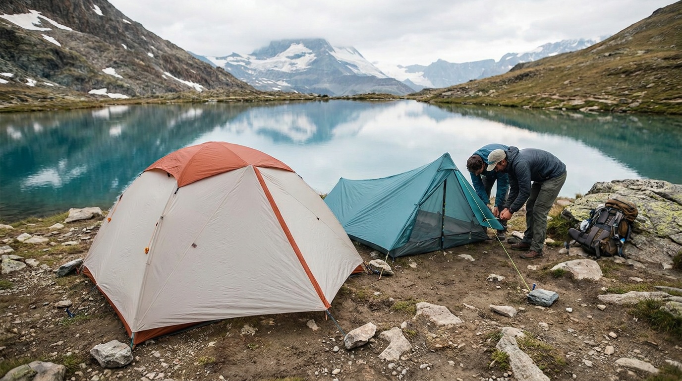 Side-by-side view of a freestanding ultralight tent and a trekking-pole shelter pitched on the same alpine site, showing the staking difference