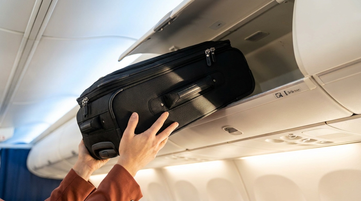Travelpro Maxlite 5 softside spinner being lifted into an airplane overhead bin
