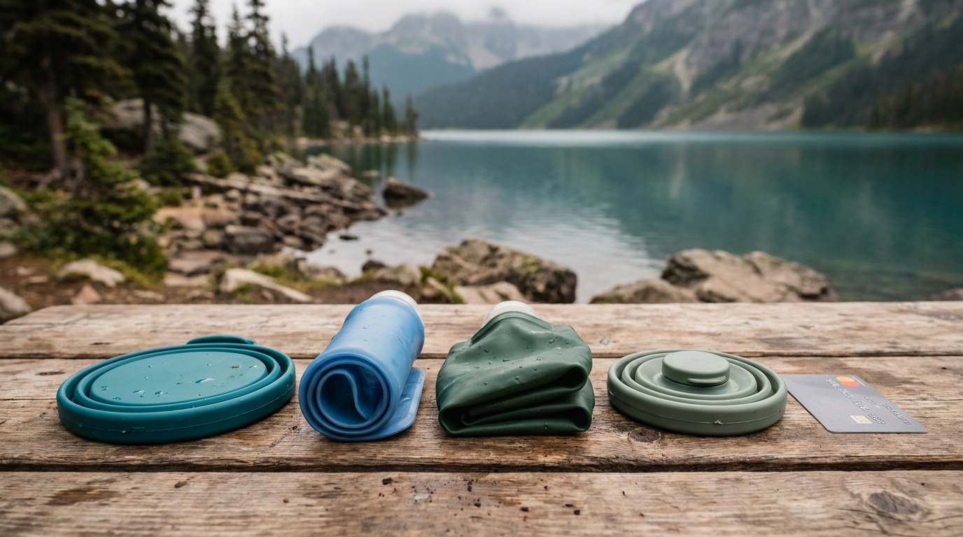 Four collapsible water bottles shown side by side in their collapsed state: Hydaway disc, Platypus rolled sleeve, HydraPak Stow folded, STOJO collapsed disc, next to a standard credit card for scale