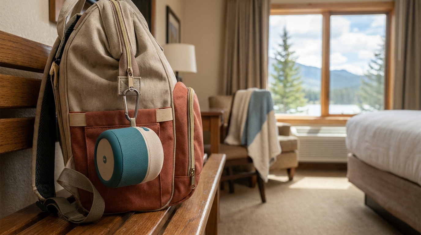 Yogasleep Hushh 2 portable sound machine clipped to the side of a diaper bag with a hotel room visible in the background