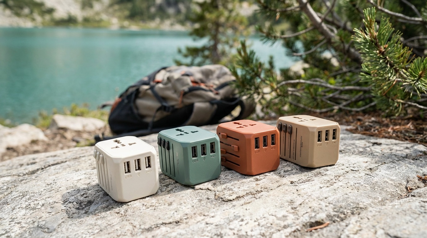 Four universal travel adapters lined up showing their USB port configurations and plug prongs on a light gray surface
