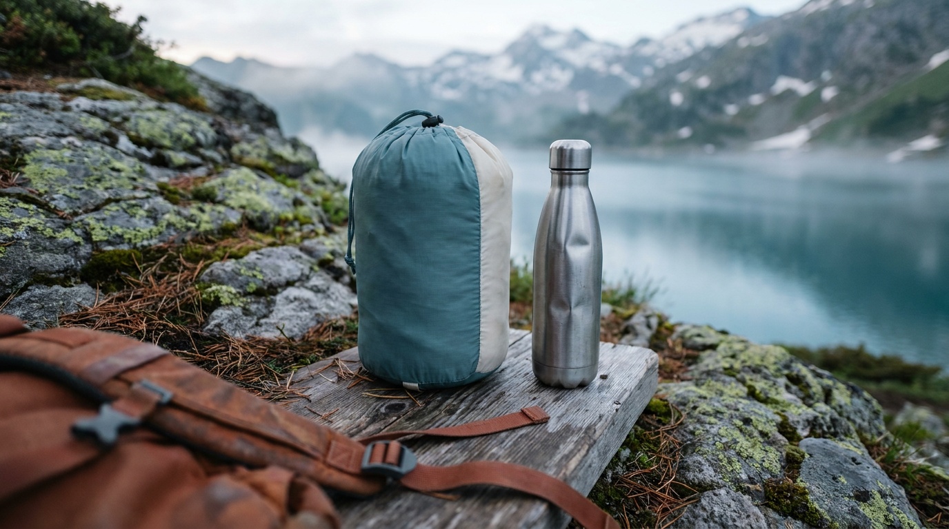 Litume E650 travel blanket compressed into its cylindrical stuff sack, shown next to a standard 500ml water bottle for scale