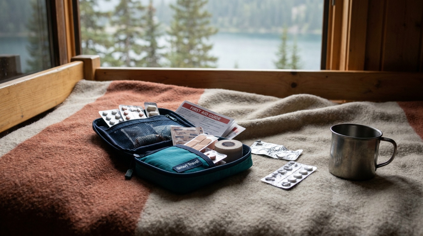 Adventure Medical Kits Smart Travel first aid kit open on a hostel bed, showing labeled medication strips, bandages, blister pads, and a compact folded first aid guide