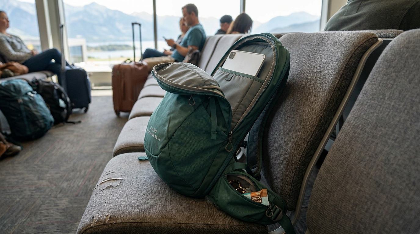 Osprey Daylite Expandable 26+6 open on an airport seat showing the laptop sleeve, hip-belt pockets, and expansion zip