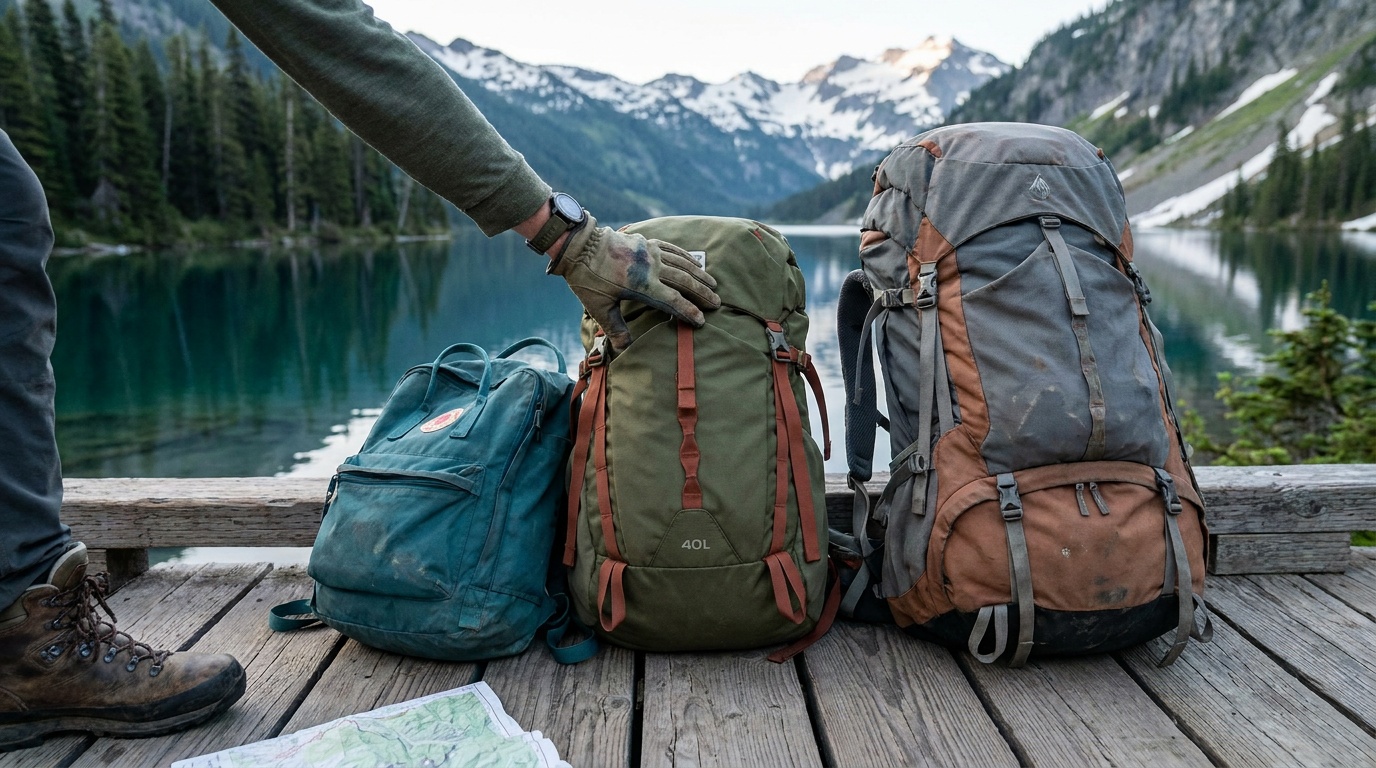Three hiking packs of different sizes at a trailhead in morning light