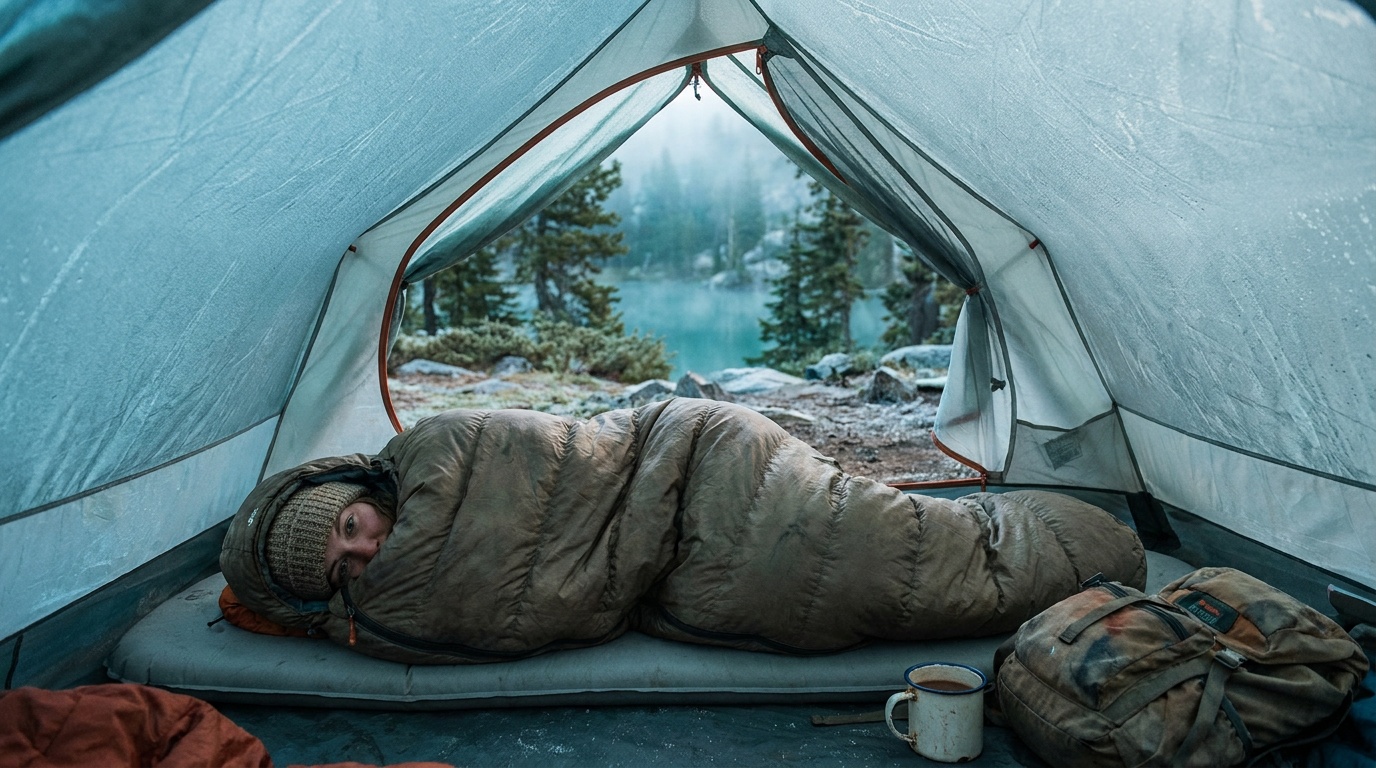 A person cozy in a mummy sleeping bag inside a frosted tent at dawn